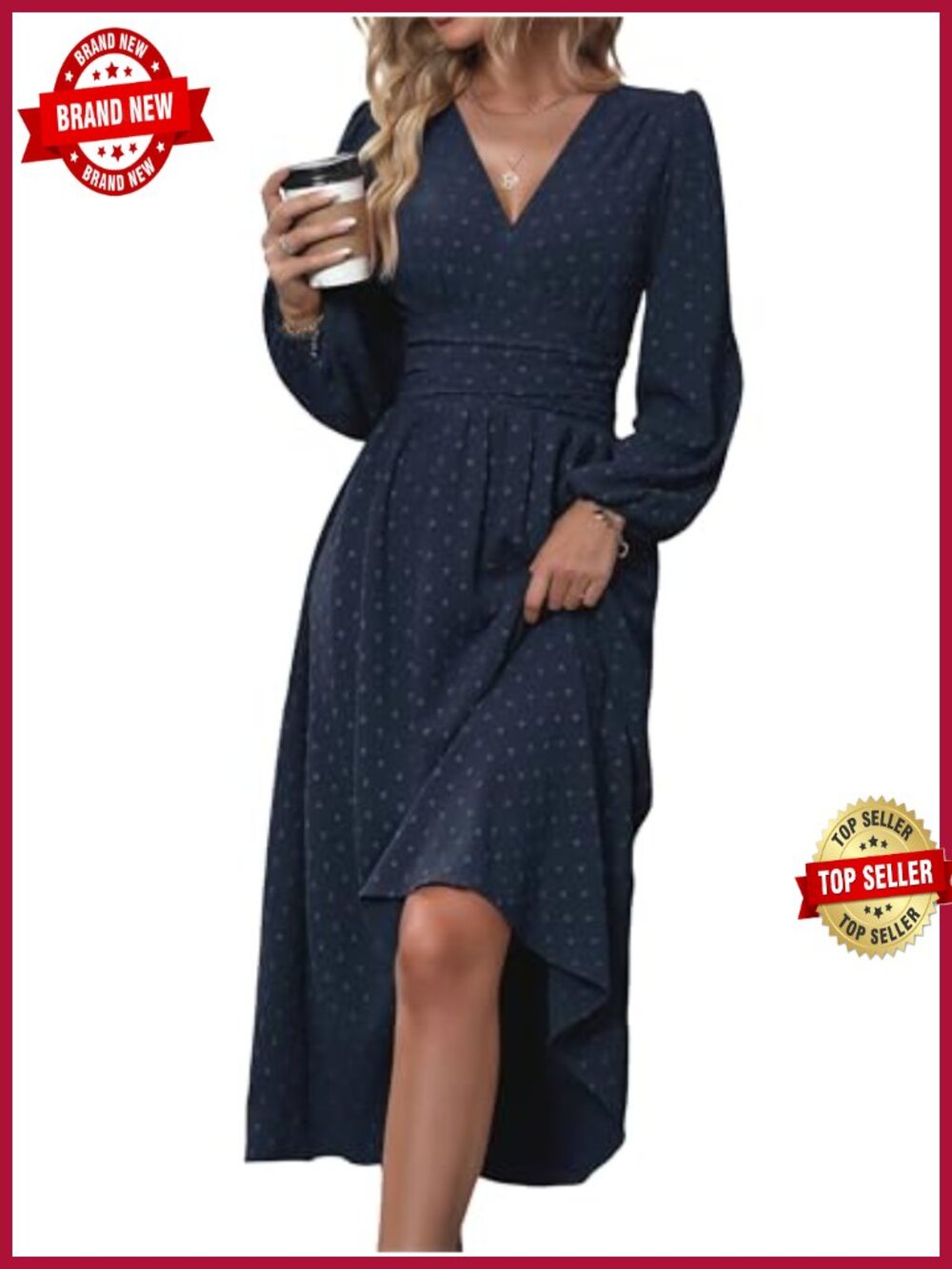 Swiss Dot V-Neck Midi Dress Puff Lantern Sleeve A-Line Wedding Guest